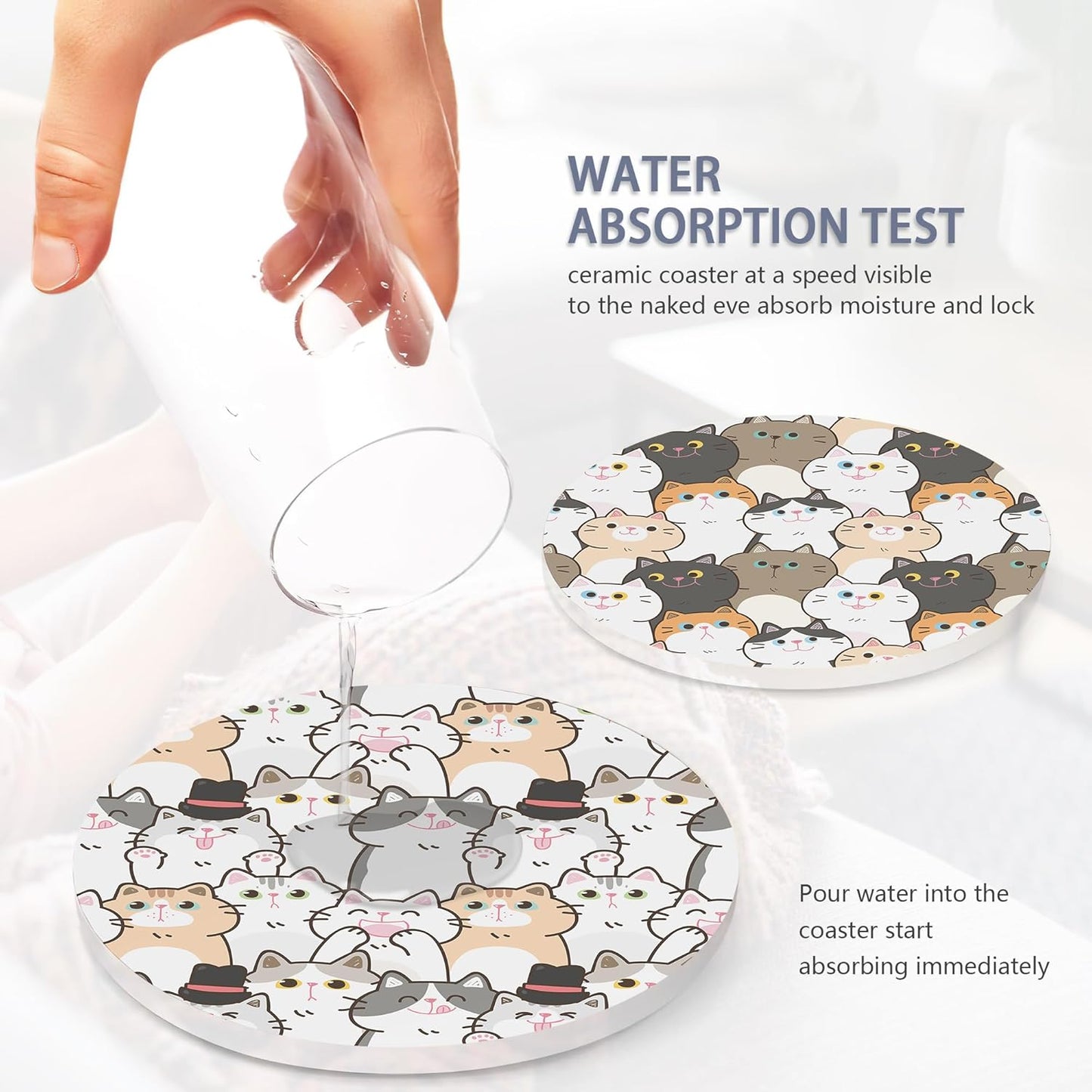 Drink Coasters Set of 6 with Holder, Cute Cats Absorbent Ceramic Coasters with Cork Base,Fit All Cups,Great Gift for Housewarming,Room Decor,Bar,Holiday Party