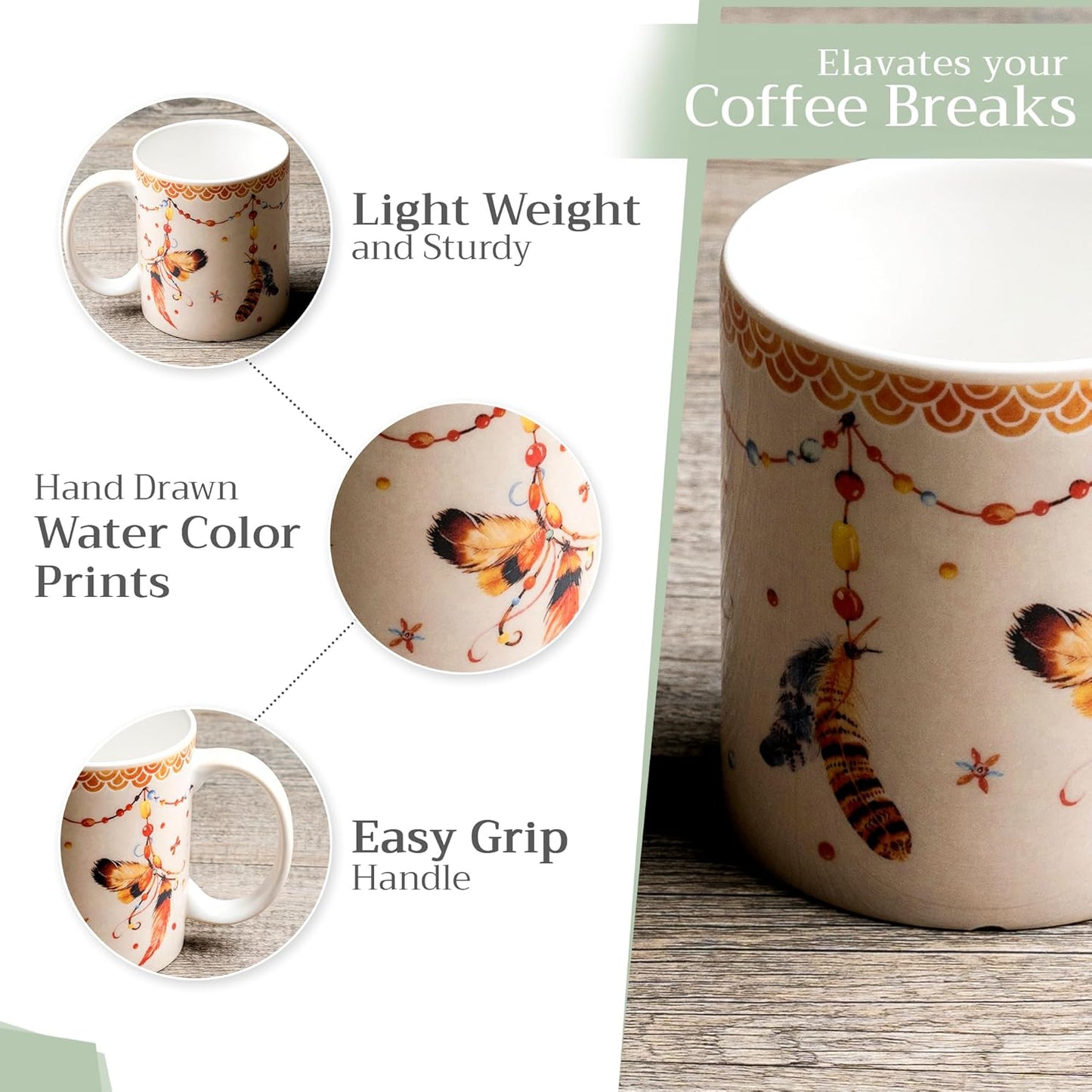 Maison d' Hermine Coffee Mug with Handles Fine Bone China Mugs Pack of One Tea Cups for Hot Beverages Cappuccino Latte Home Restaurant Office Perfect for Gift (Ibiza - Beige - Feather, 15 Ounce)