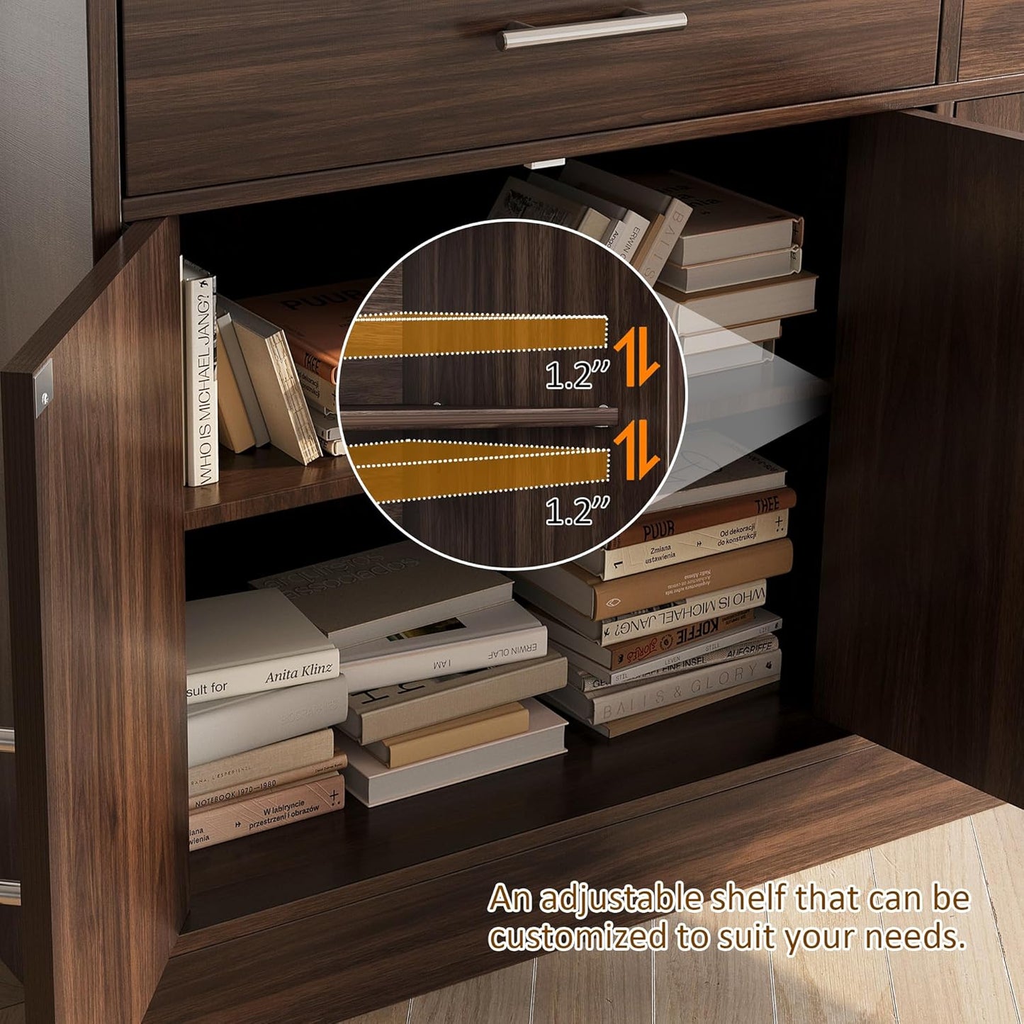 Vongrasig Sideboard Buffet Cabinet with Storage, 43” Farmhouse Coffee Bar Storage Cabinet with Drawers and Shelves, Modern Buffet Table for Kitchen, Dining Room, Rustic Brown