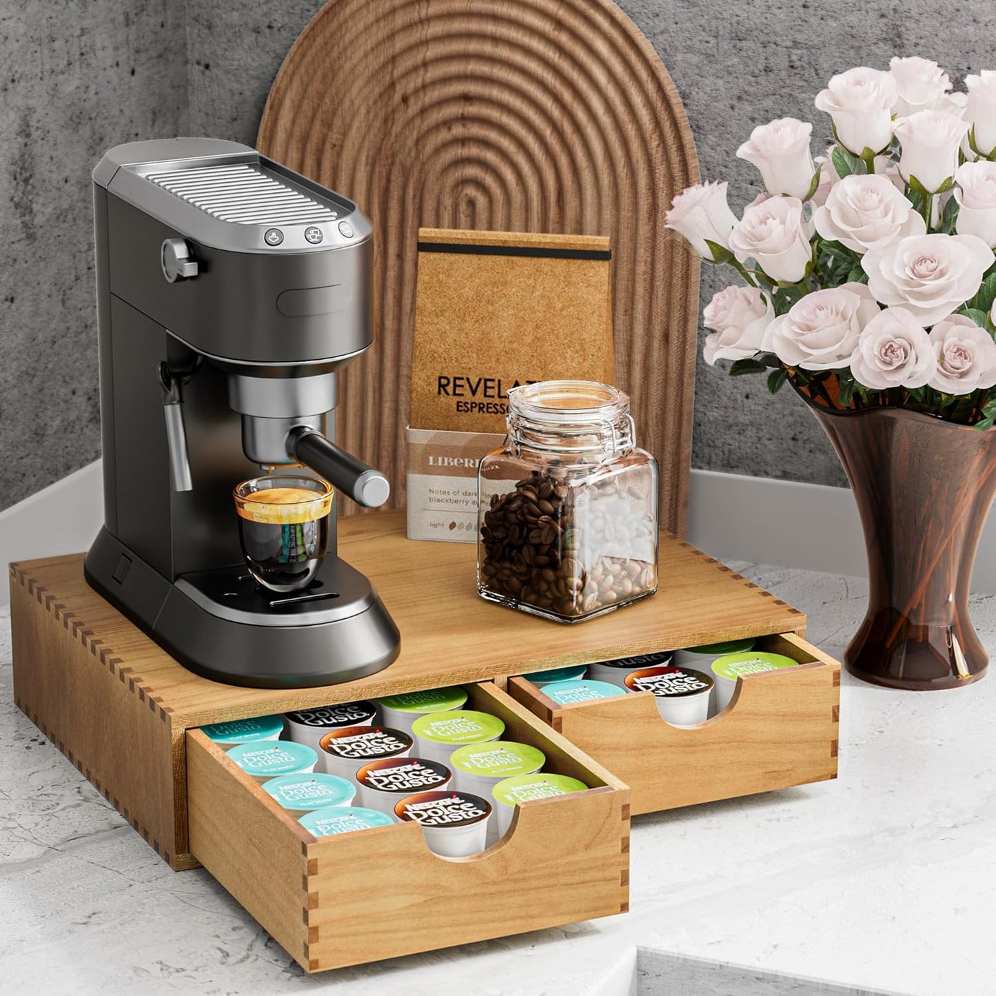 Pine Wood K Cup Organizer, Coffee Pod Storage Box for Counter, Coffee Pods and Tea Organizer Holder, K Pod Drawer Coffee Maker Machine Stand for Kitchen Office Coffee Bar (30 Pods Capacity, Walnut)