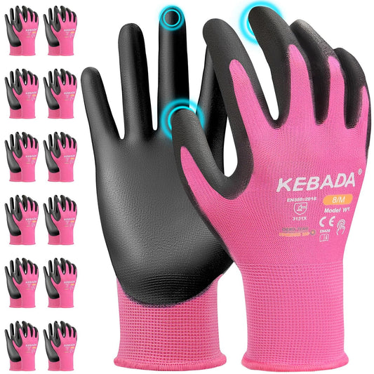 Kebada W1 Work Gloves Women, PU Coated Safety Gloves with Grip, Touchscreen, Ideal for Warehouse Package Handling, Construction, Gardening, Pink Large