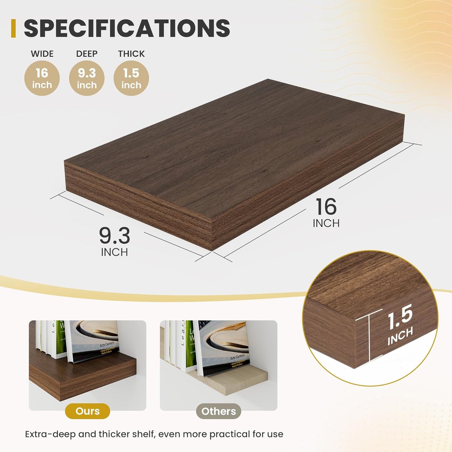 16 Inch Floating Shelves, 9.3" Deep Floating Shelf Wall Mounted, 16" Wall Shelves, Rustic Deep Bookshelf, Large Display Shelves & Storage Shelves for Bedroom, Living Room, Walnut, Set of 2