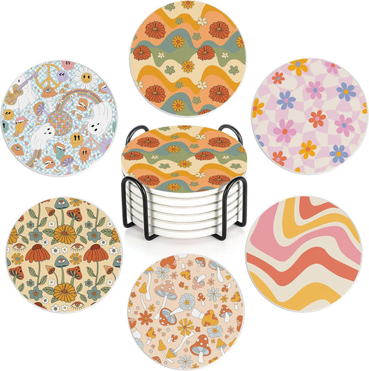 Table Coaster for Drinks Set of 6, Retro 70s Colorful Groovy Round Ceramic Coasters,with Cork Base and Metal Holder,Great Housewarming Birthday Gifts,Home Decor