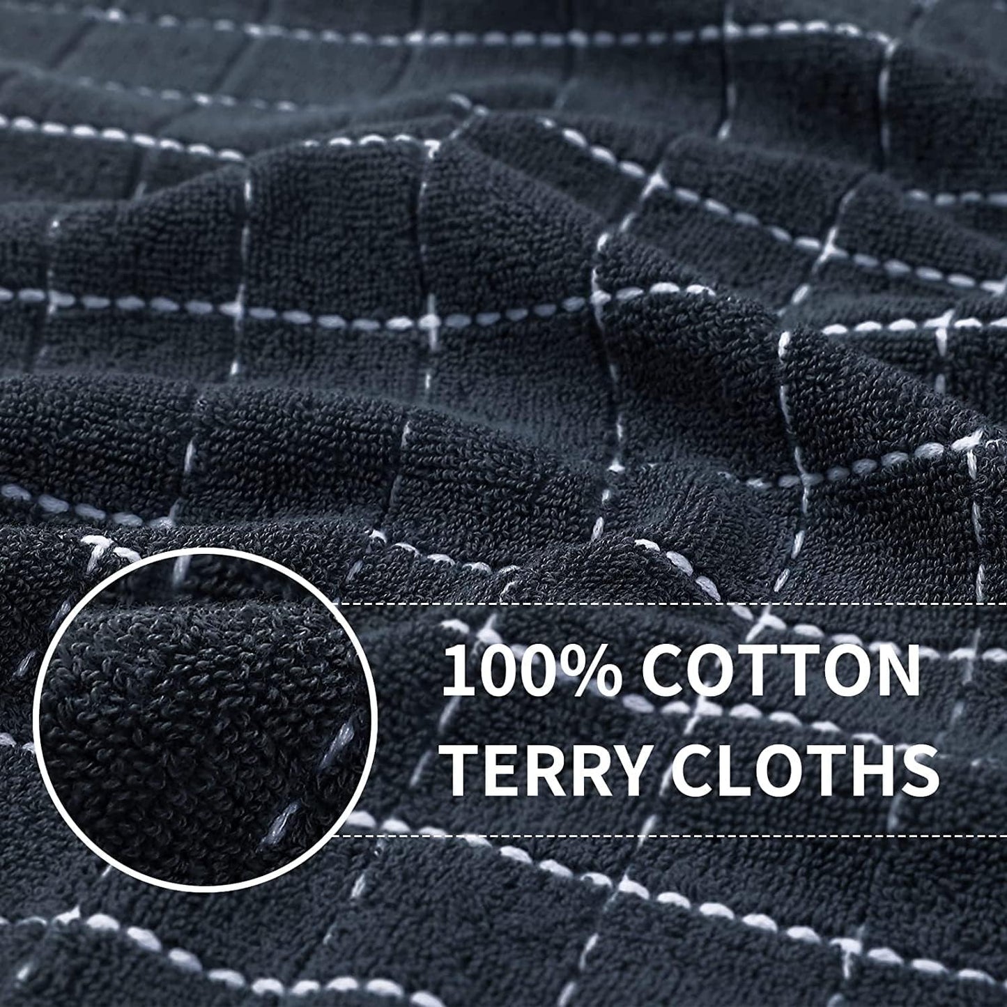 Homaxy 100% Cotton Terry Kitchen Towels(Dark Grey, 13 x 28 inches), Checkered Designed, Soft and Super Absorbent Dish Towels, 4 Pack