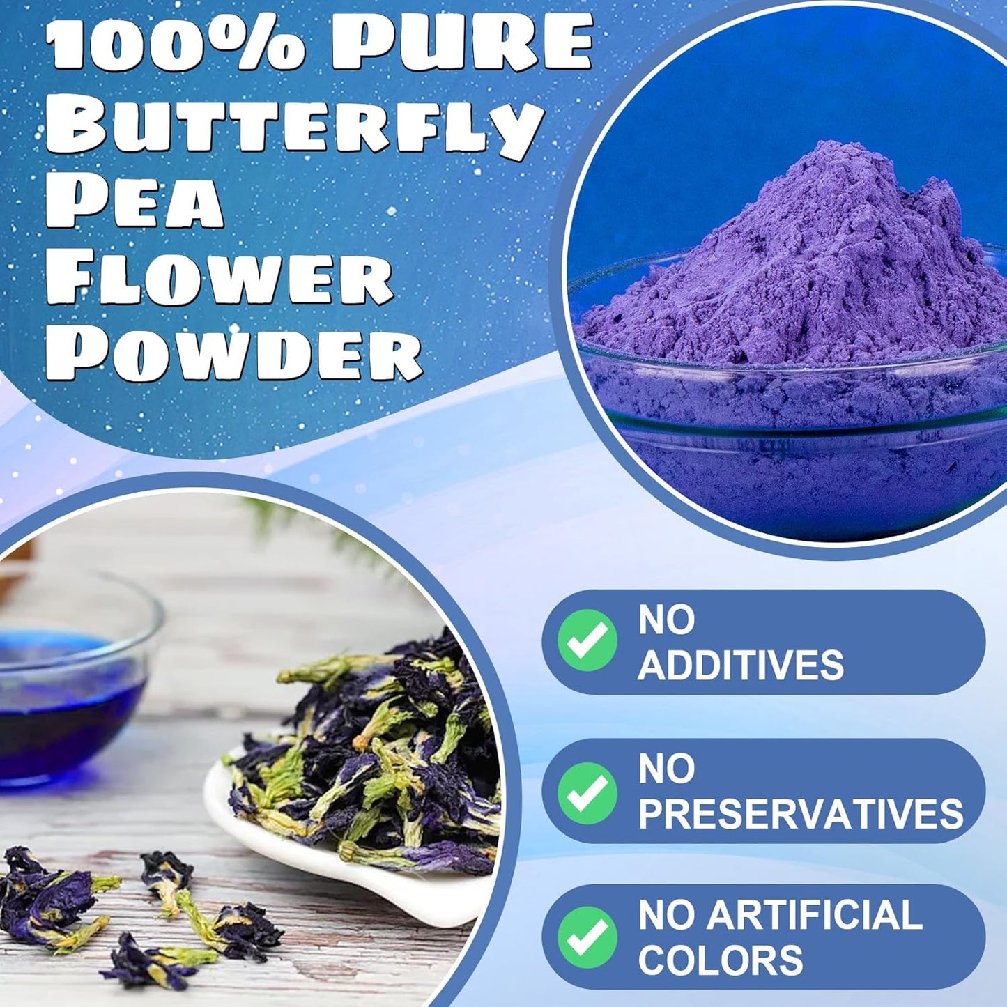 Butterfly Pea Flower Powder - Kiigfood 5.3 oz/150g Pure Natural Blue & Purple Food Coloring, Butterfly Pea Powder for Drinks, Smoothies, Cocktail, Baking, Pasta - Vegan, Gluten-Free, Non-GMO