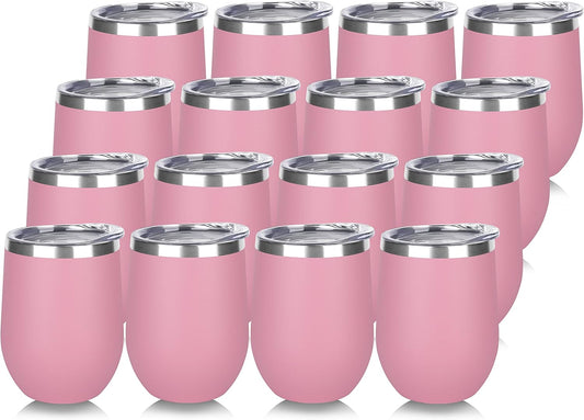 DOMICARE Stainless Steel Wine Tumbler Bulk with Lid, Personalized Insulated Tumblers Set, 12oz Travel Coffee Cups Pack of 16, Pink