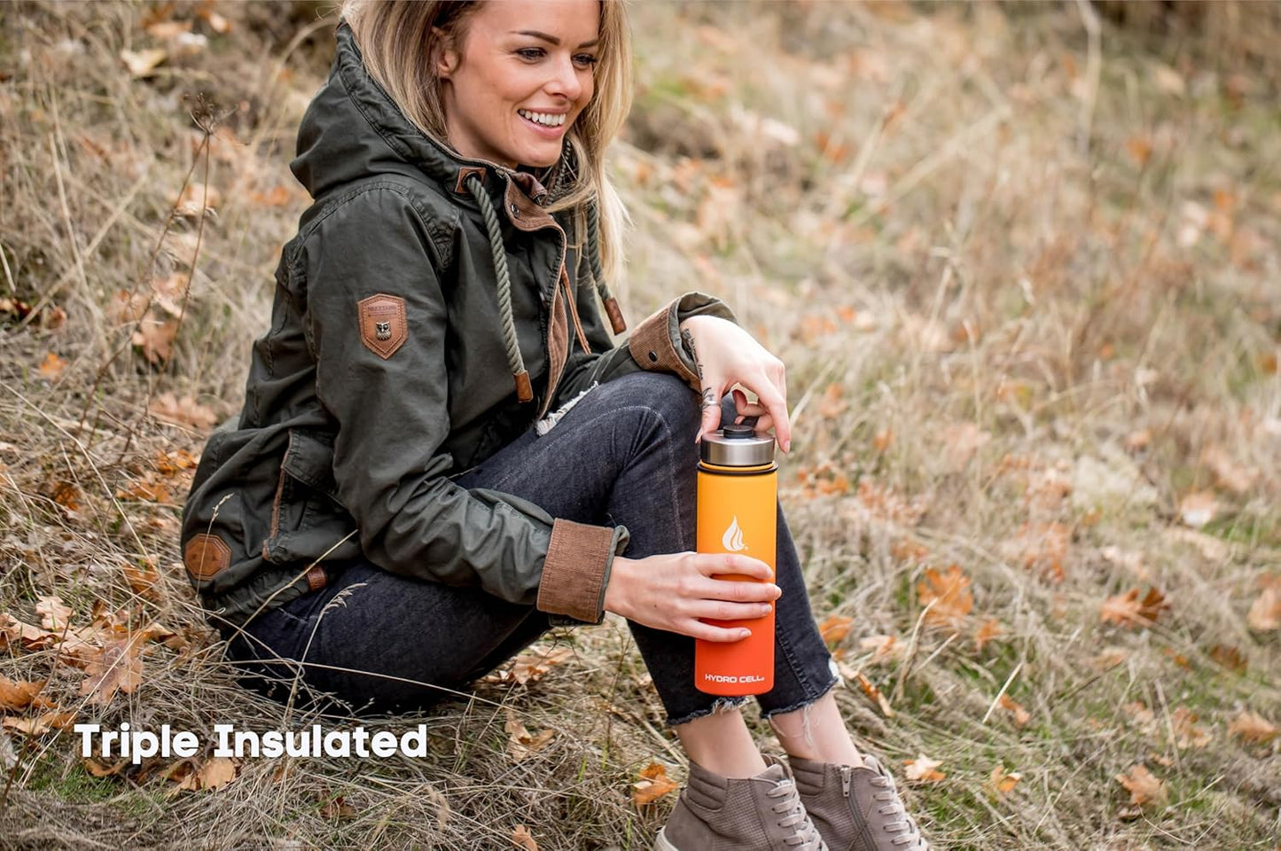 HYDRO CELL Stainless Steel Insulated Water Bottle with Straw - For Cold & Hot Drinks - Metal Vacuum Flask with Screw Cap and Modern Leakproof Sport Thermos for Adults (Red/Orange 24oz)