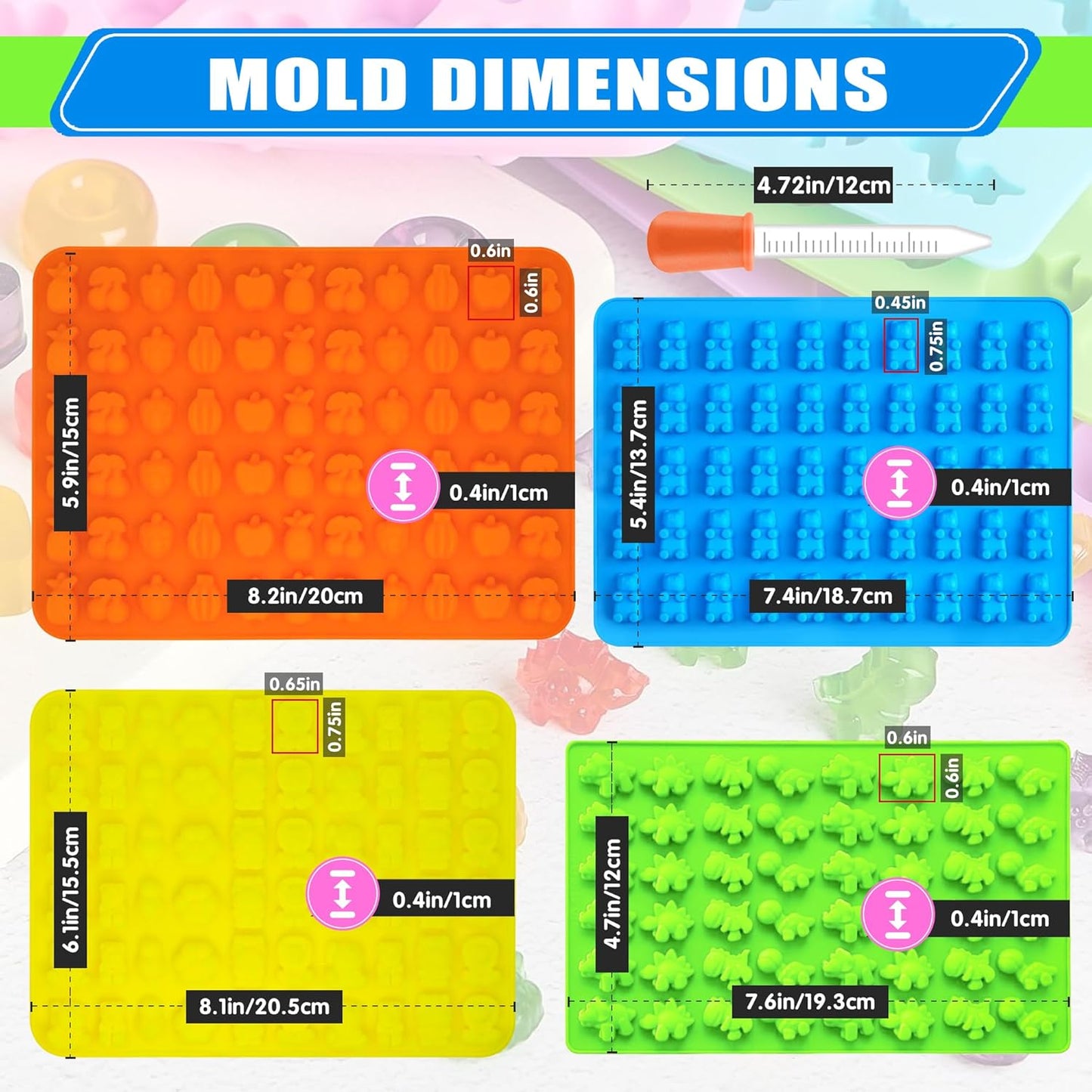 Silicone Gummy Molds Set of 4, Non-stick Candy Chocolate Molds with 2 Droppers 2 Clean Brush, Includes Dinosaur Bear Fruit Animal Shape