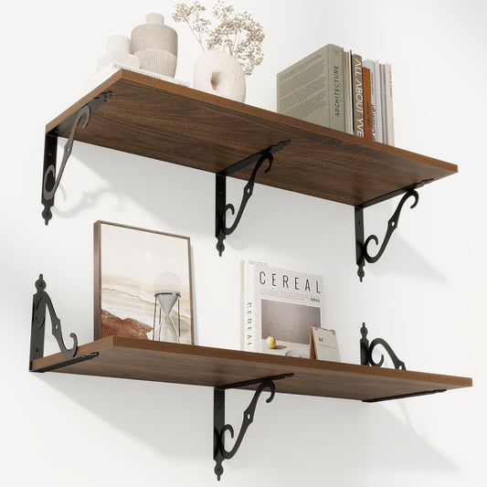 RICHFOCUS 12 Inch Deep Floating Shelves for Wall, 31.5" W x 12" D Wood Wall Shelves Set of 2, Wide Floating Shelves for Living Room, Bedroom, Kitchen, Bathroom and Decor Storage, Walnut