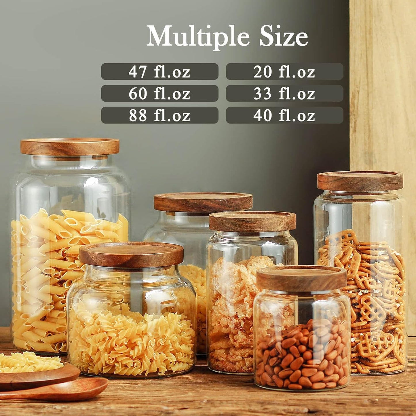 Labina Glass Storage Container Airtight Food Jars Kitchen Canister with Wood Lids, 33 Oz Wide Mouth Pantry Organization Glass Jar for Flour, Sugar, Cookie, Spagetti, Nuts and Candy (2 Pack)