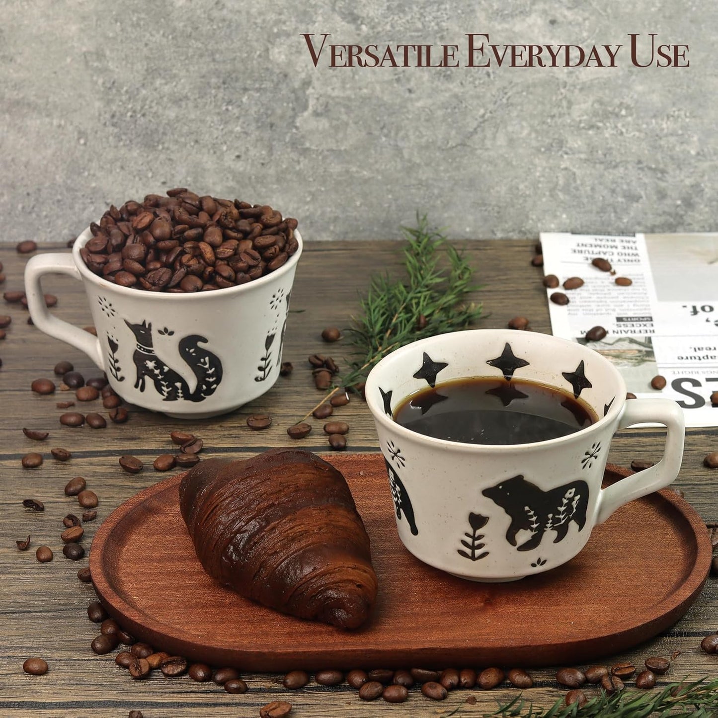 Ceramic Coffee Mug, 12 oz Novelty Unique Teacup with Large Handle, Stoneware Cup for Tea Mocha Latte Cappuccino Espresso (Set of 2, Fox and Bear)