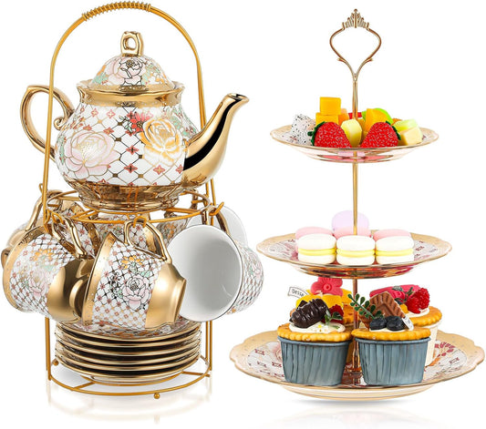 Maxcheck 21 Pcs Tea Party Set for Adults European Floral Tea Set with Metal Holder and 3 Tier Ceramic Cake Stand Porcelain Flower Cup Teapot for Dessert Cupcake(Stylish Style)