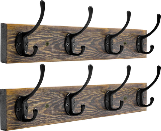 IBosins Wall Mounted Coat Rack, 2 Pack Metal Wood Coat Rack with 8 Black Rustic Hooks for Scarf, Bag, Towel, Key, Cap, Cup, Hat