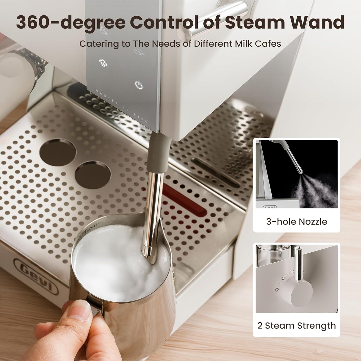 Gevi Espresso Machine with OPV, 20Bar Espresso Maker with Milk Frother Steam Wand, Dual Display, 58mm Portafilter, Stainless Steel Espresso Machines for Espresso/Latte/Cappuccino, White