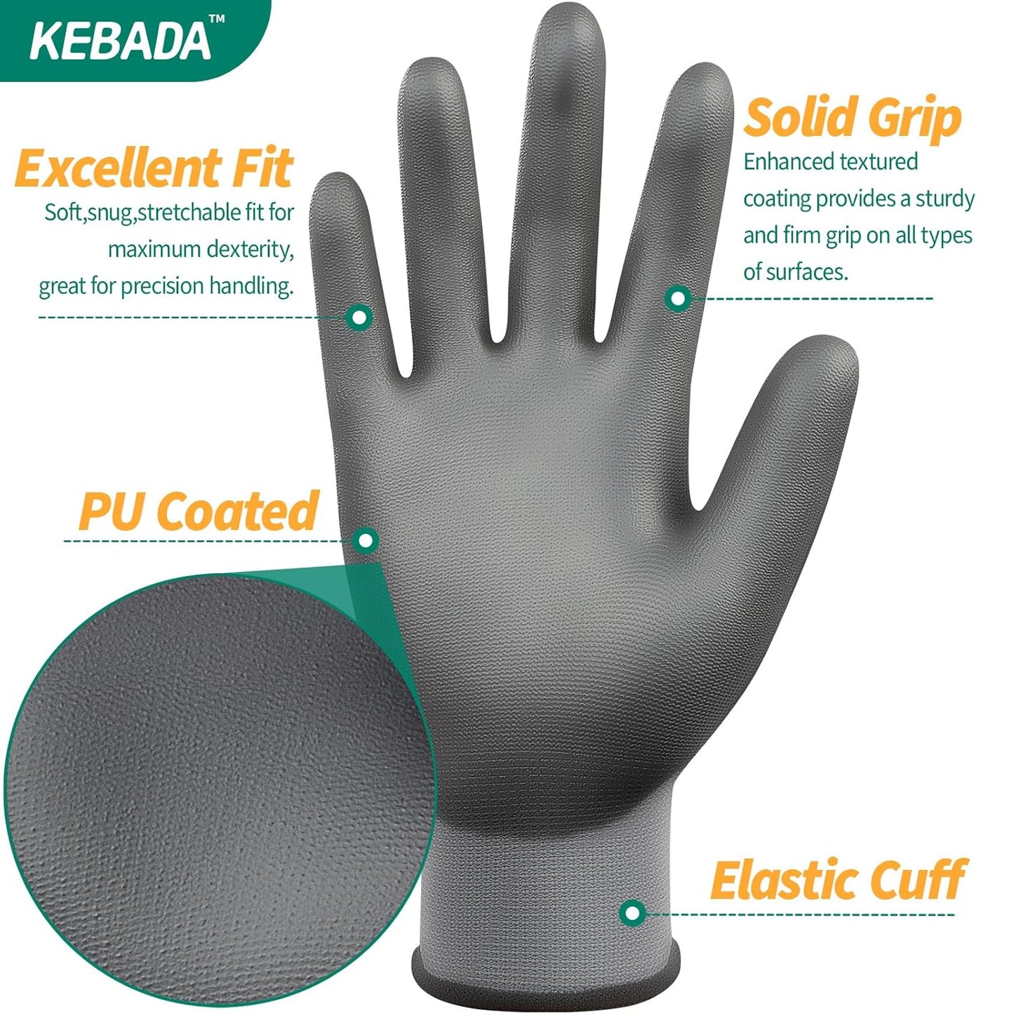 Kebada W1 Work Gloves for Men and Women, Working Gloves with Grip,12 Pairs Thin Mechanic Gloves,PU Coating on Palm & Fingers,Breathable Mens Gardening Gloves,Gray XX Large
