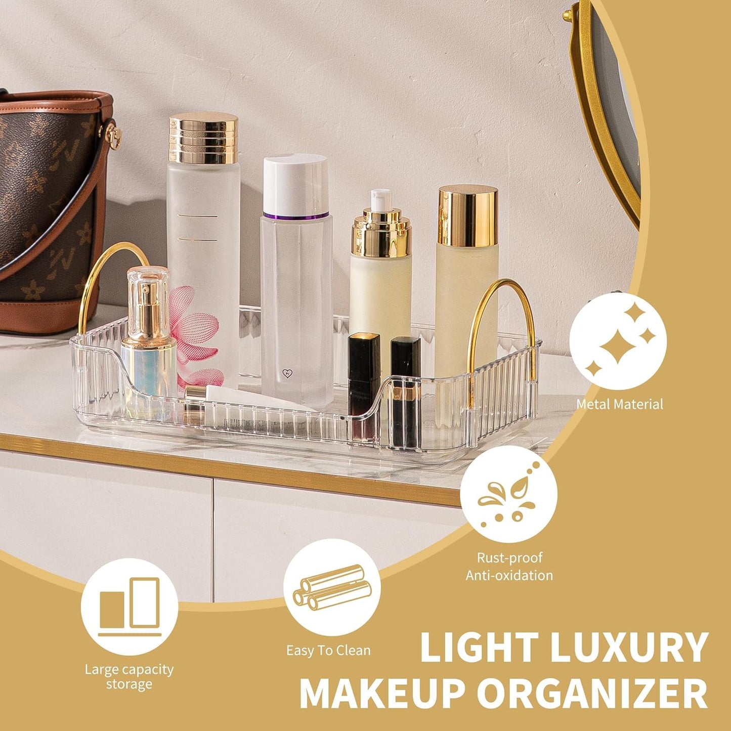 YCIA&DONE Bathroom Organizer Countertop, Makeup Storage, Skincare Cosmetic Tray Shelf, Perfume Holder Rack for Vanity Counter, Large Capacity, Easy to Install, Clean, 1 Tier, Clear White