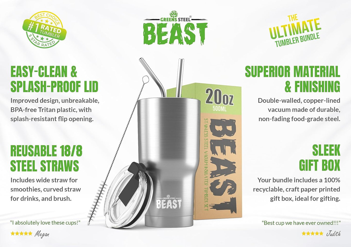 Beast 20 oz Tumbler Stainless Steel Vacuum Insulated Coffee Ice Cup Double Wall Travel Flask (Stainless Steel)