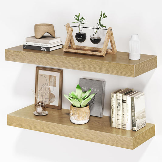 Floating Shelves for Wall, 24" W x 6.7" D x 1.5" H, Wooden Wall Mounted Display Shelves with Invisible Brackets for Living Room, Bedroom, Bathroom, Kitchen Decor and Storage, Set of 2, Oak