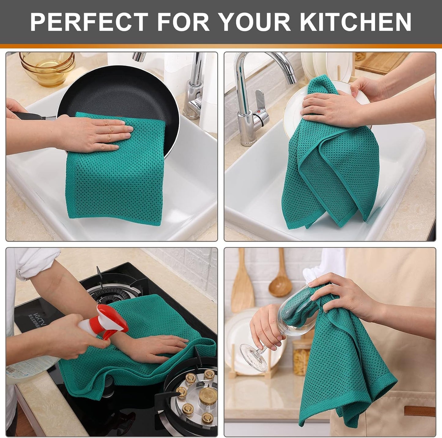 Kitinjoy 100% Cotton Waffle Weave Kitchen Towels, 8-Pack Super Soft and Absorbent Dish Towels for Drying Dishes, Kitchen Hand Towels, 13 in x 28 in, Teal