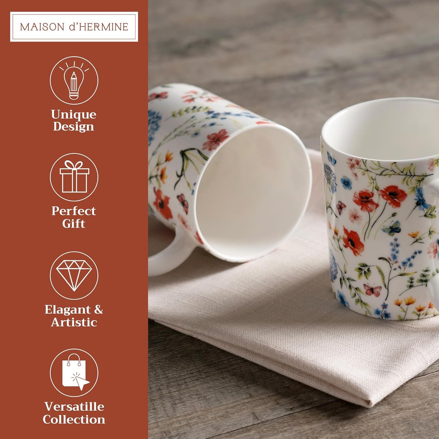 Maison d' Hermine Coffee Mug with Handles Fine Bone China Mugs Pack of Two Tea Cups for Hot Beverages Cappuccino Latte Home Restaurant Office Perfect for Gift (Just Floral, 15 Ounce)