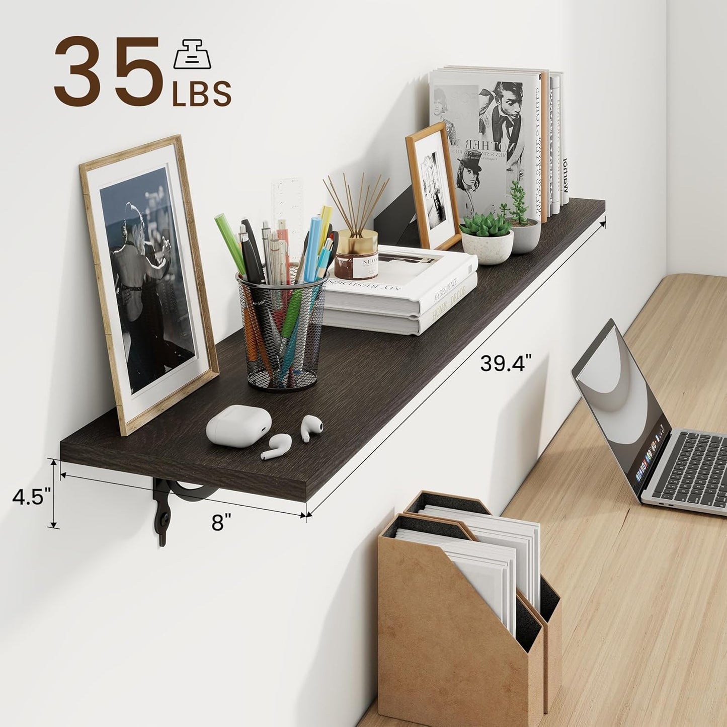 RICHFOCUS Floating Shelves for Wall Decor, 39.4W x 8D Wall Shelves Set of 2, 8 Inch Deep Rustic Wood Shelves Wall Mounted with Brackets, Long Floating Shelves for Living Room Bedroom Kitchen, Black