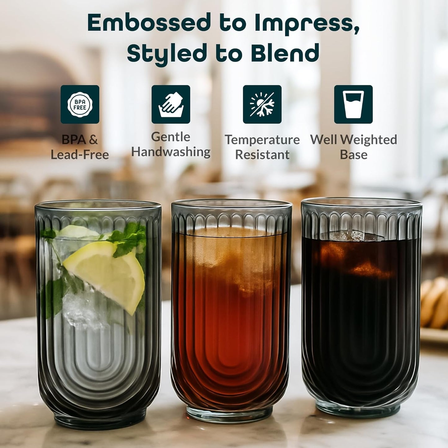 Vintage Glassware Art Deco Highball Glasses Set of 4 Smoke Ribbed Drinking Glasses 17 Oz Black U-Shape Arch Design Colored Cocktail Kitchen Tumblers