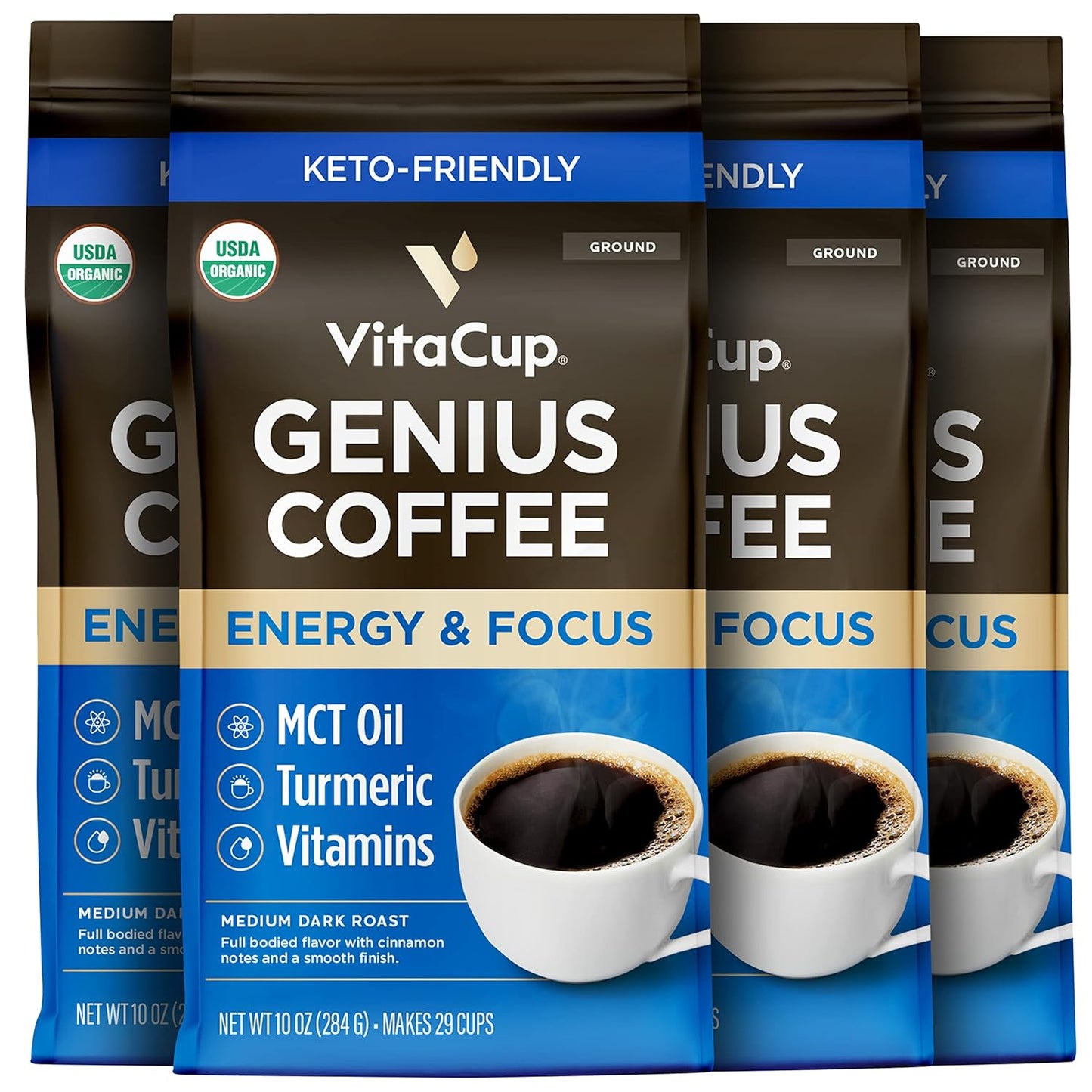 VitaCup Organic Genius Ground Keto Coffee, Increase Energy & Focus w/MCT Oil, Turmeric, B Vitamins, D3, USDA Organic Ground Coffee Medium Dark Roast, 100% Arabica Coffee Grounds, 4 bags, 10 oz each