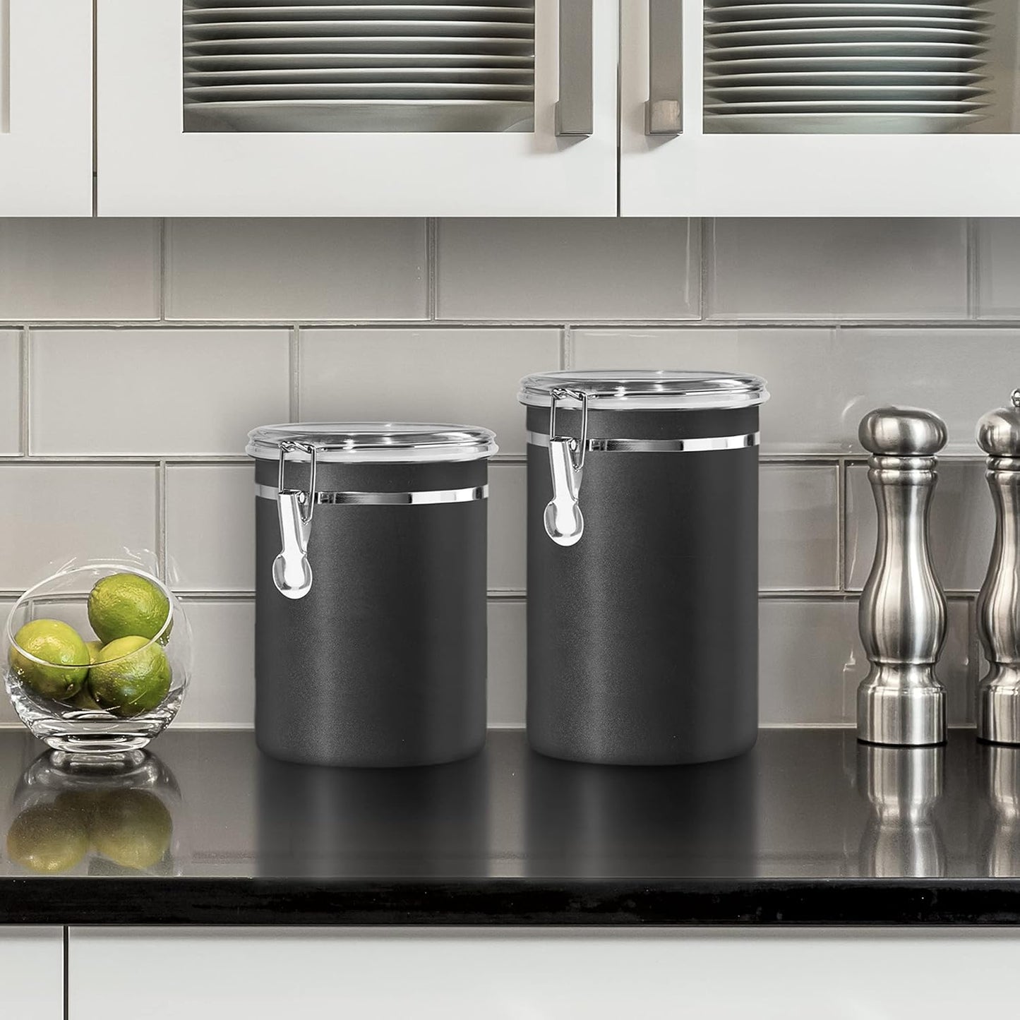 Oggi Stainless Steel Kitchen Canister 36 fl oz, Black - Airtight Clamp Lid, Clear See-Thru Top - Ideal for Kitchen Storage, Food Storage, Pantry Storage. Size 5" x 4.75".