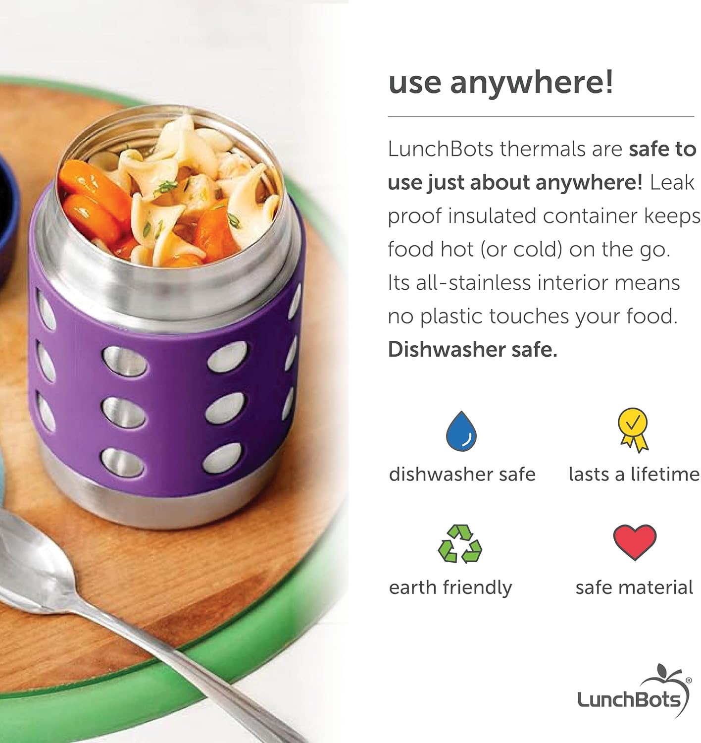 LunchBots Thermal 12 oz Triple Insulated Thermos - Hot 6 Hours or Cold 12 Hours - Leak Proof Thermos Soup Jar - All Stainless Interior - Navy Lid - Purple Dots