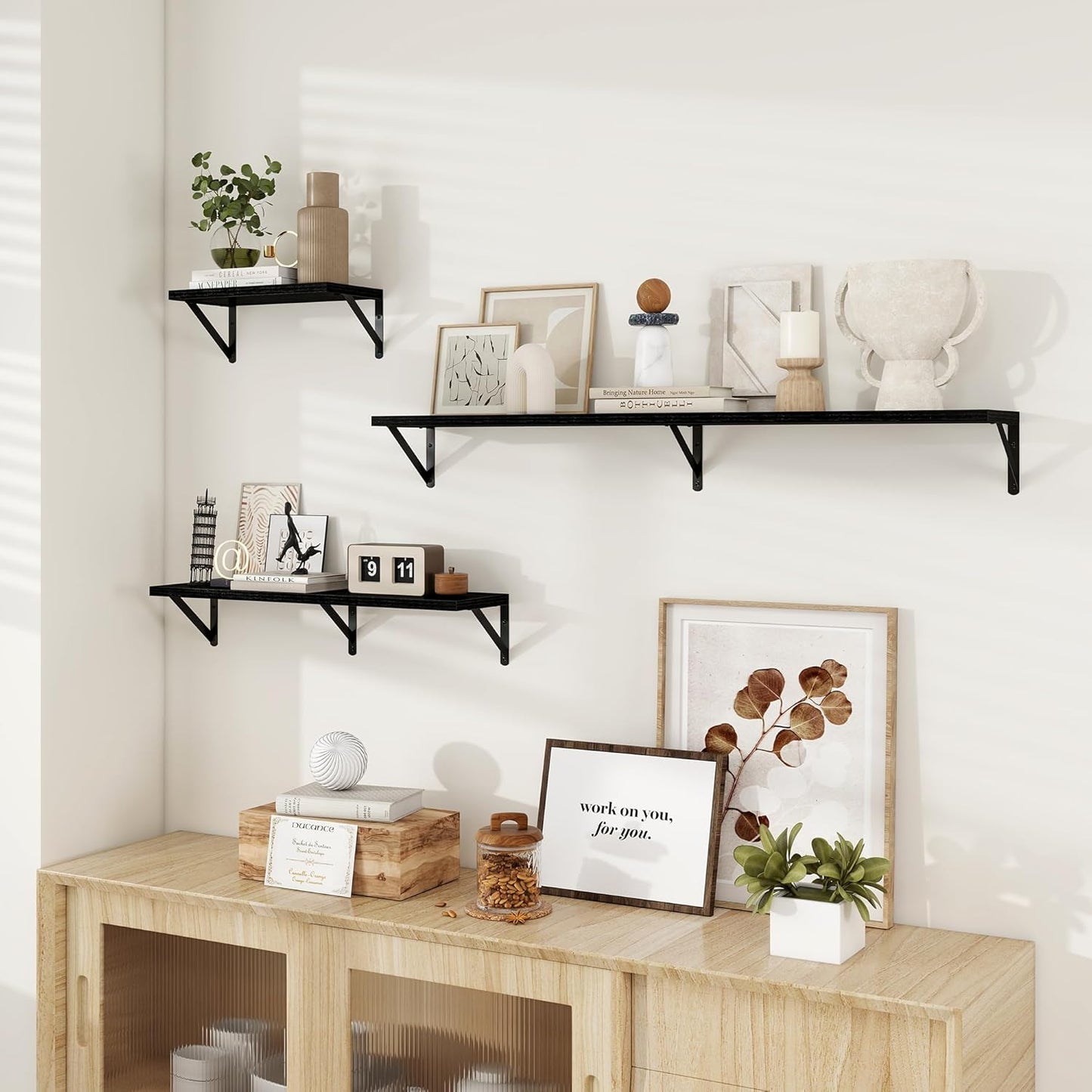 Dreamland Deep Floating Shelves for Wall, 16W x 8D Wall Mounted Shelves Set of 2, Floating Shelves Bedroom with Sturdy Metal Brackets for Living Room, Bathroom and Kitchen, Black