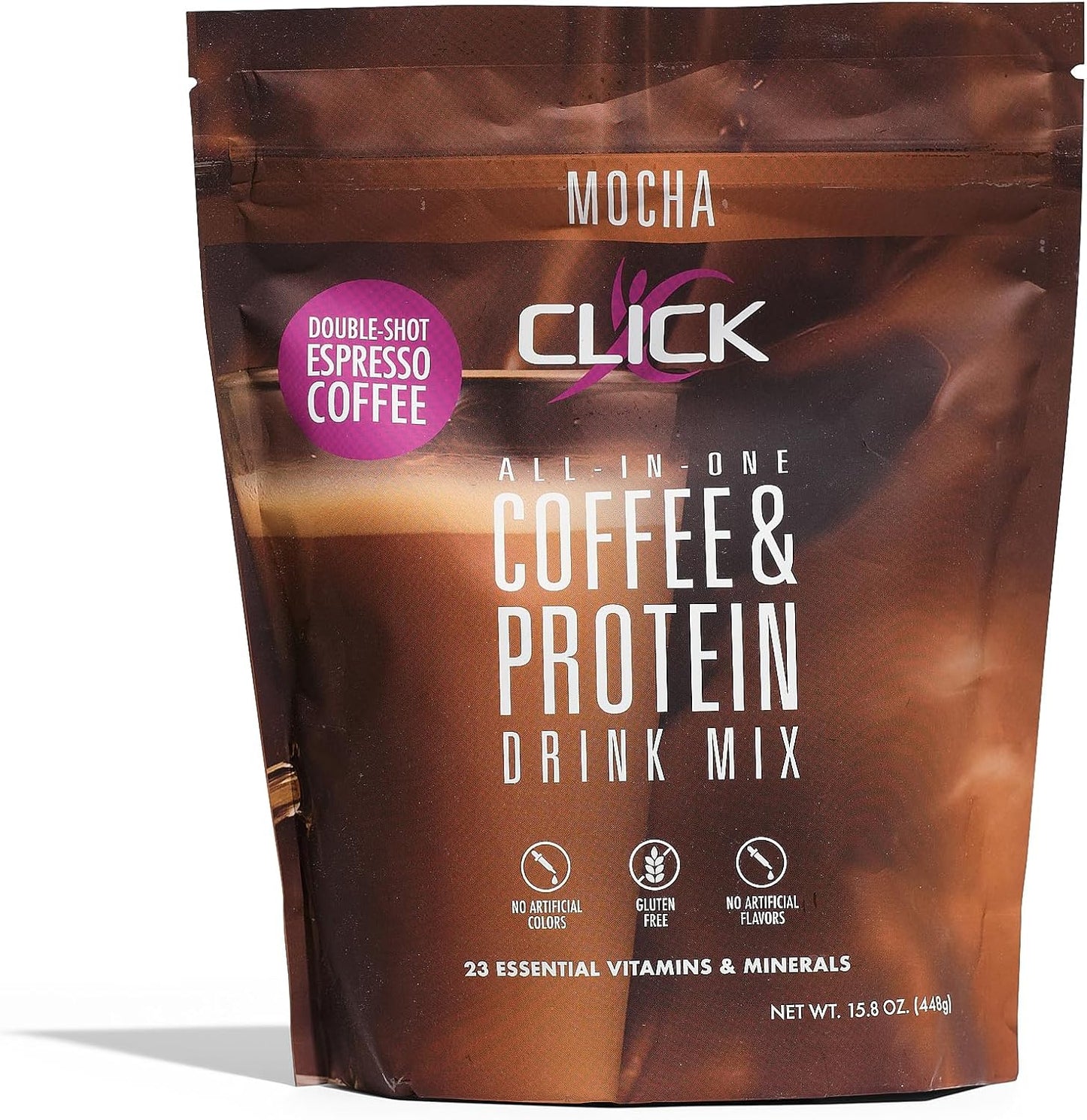Click Coffee Protein, Protein & Real Coffee All-in-One, Meal Replacement Nutrition Drink, Mocha Flavor, 23 Essential Vitamins, Double Shot Espresso Coffee, Hot or Cold, 15.8-Ounce