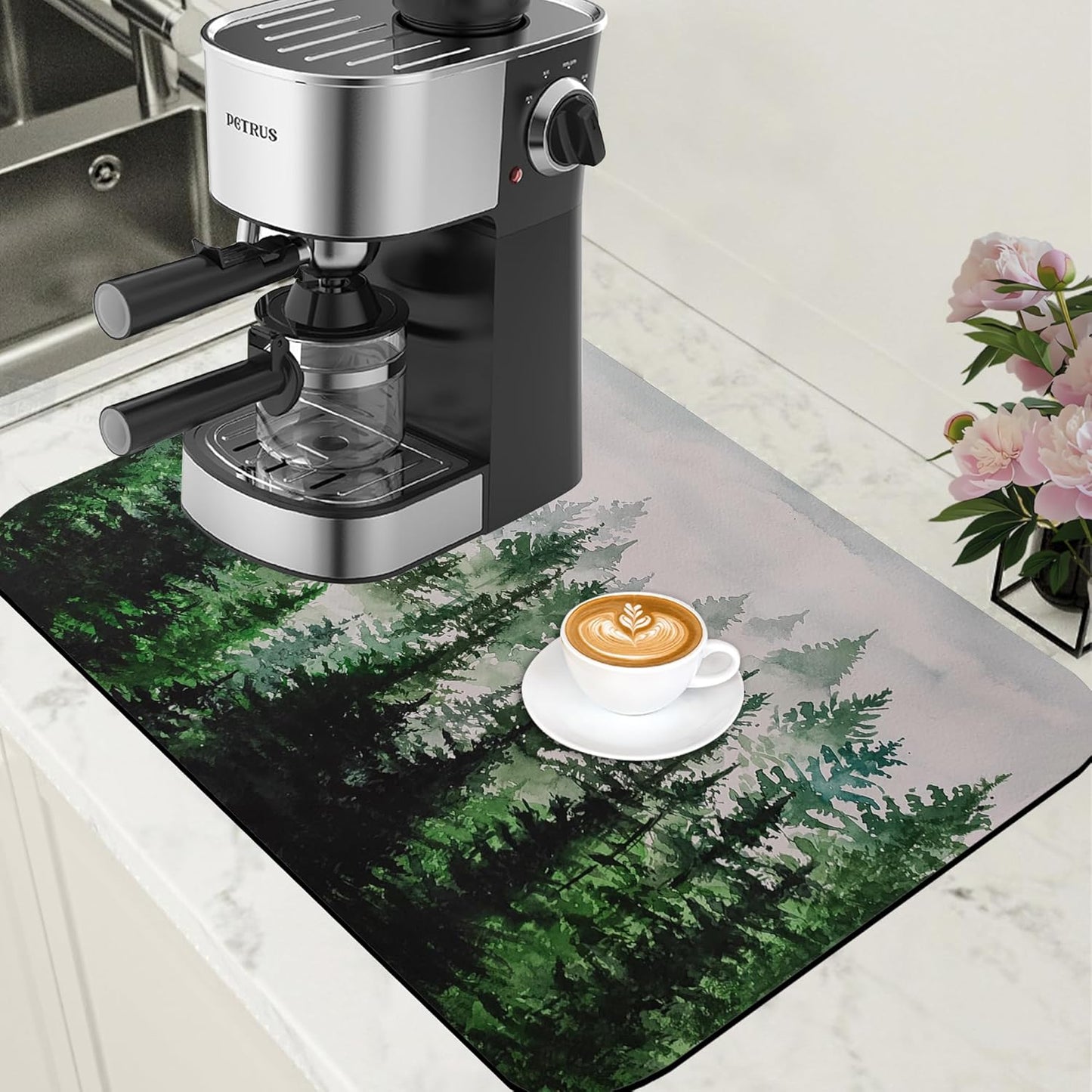 Dish Drying Mat Watercolor Foggy Forest Coffee Bar Mat for Countertop Absorbent Rubber Backed Hide Stain Dish Drainer Rack Pad Coffee Maker Espresso Machine Dining Room Decor 15.7 x 23.6 Inch
