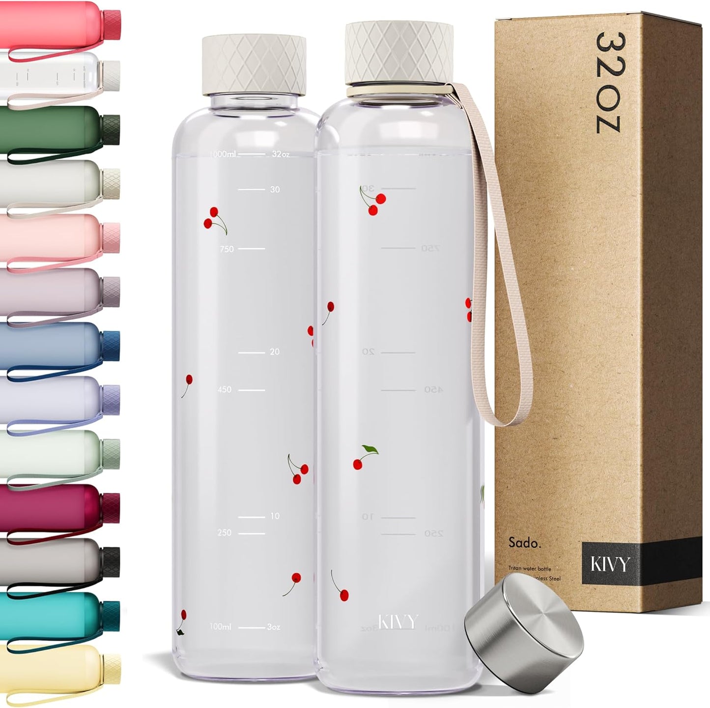 KIVY Clear water bottle 32oz [Lightweight & Shatterproof] Fits Backpack & Cupholder for Travel, Sports, School, Gym - Cute water bottle aesthetic - Cherry Edition