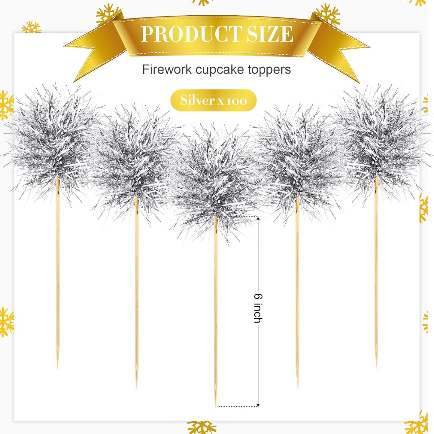 Chinco 100 Pcs Foil Firework Cupcake Toppers Sparkle Tinsel Cake Toppers Cake Decoration Cocktail Fruit Toothpick for Birthday Wedding Graduation Party(Silver)