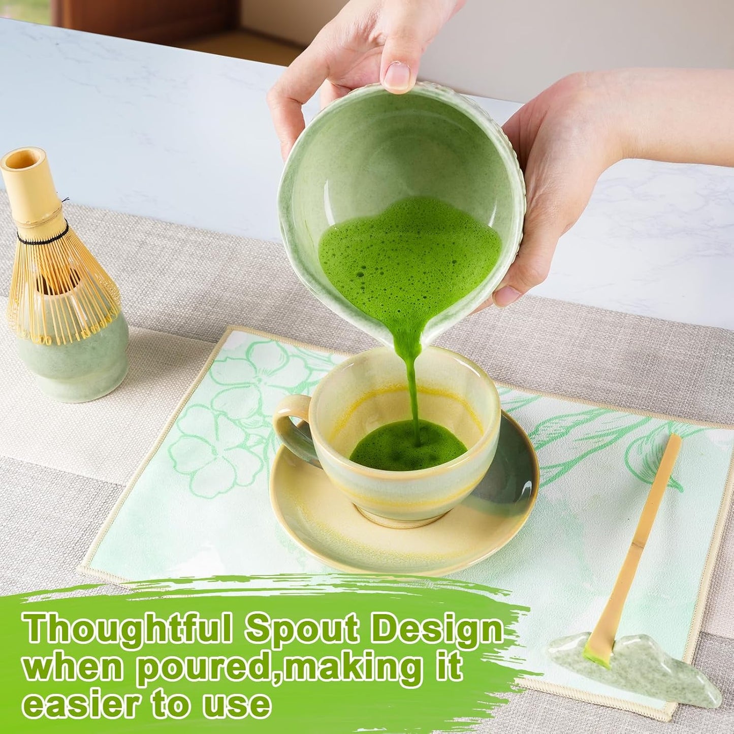 Matcha Whisk Set, Matcha Set 7 Pieces - Ceramic Matcha Bowl with Spout, Bamboo Chasen Whisk & Holder, Scoop, Sifter, Tea Towel - Complete Kit for Matcha Tea Ceremony, Latte, Ideal Gift(Mottled Green)
