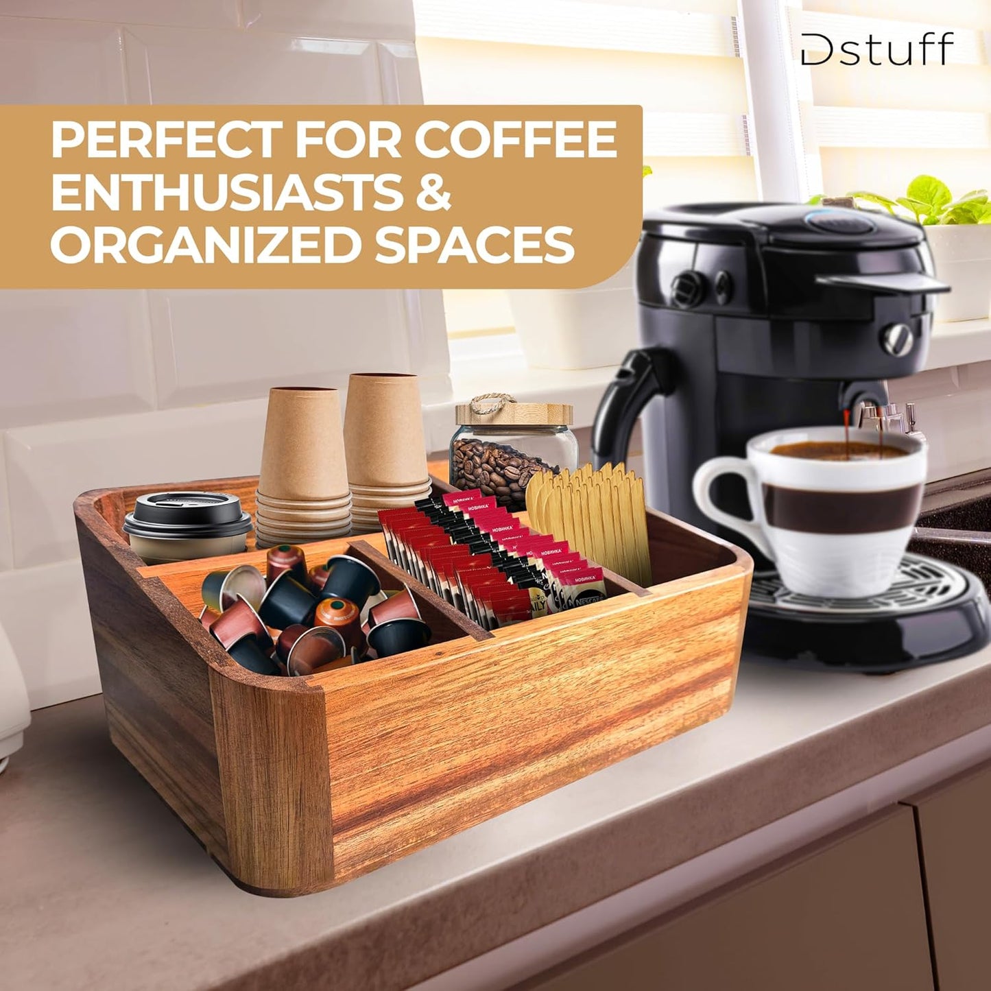 Dstuff Acacia Wood Coffee Station Organizer for Countertop, Tea Organizer and Holder, Coffee Bar Caddy with Multiple Compartments for Home and Office Decor