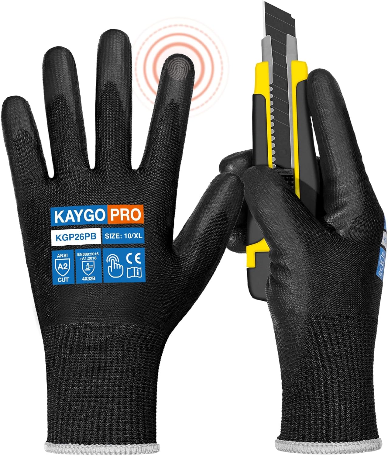 KAYGO Cut Resistant Gloves PU Coated, 12 Pairs Safety Work Gloves with full fingers Touchscreen, ANSI Cut Level A2, for Men and Women, Ideal for General Duty Work KG11P, Black,XL