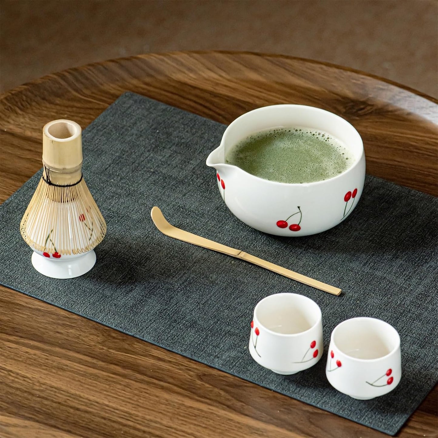 Red Cherries Matcha Whisk Set with Matcha Bowl, Bamboo Whisk, Scoop, and Whisk Holder, Hand-Painted Cute Matcha Set for Matcha Lovers & Tea Ceremony