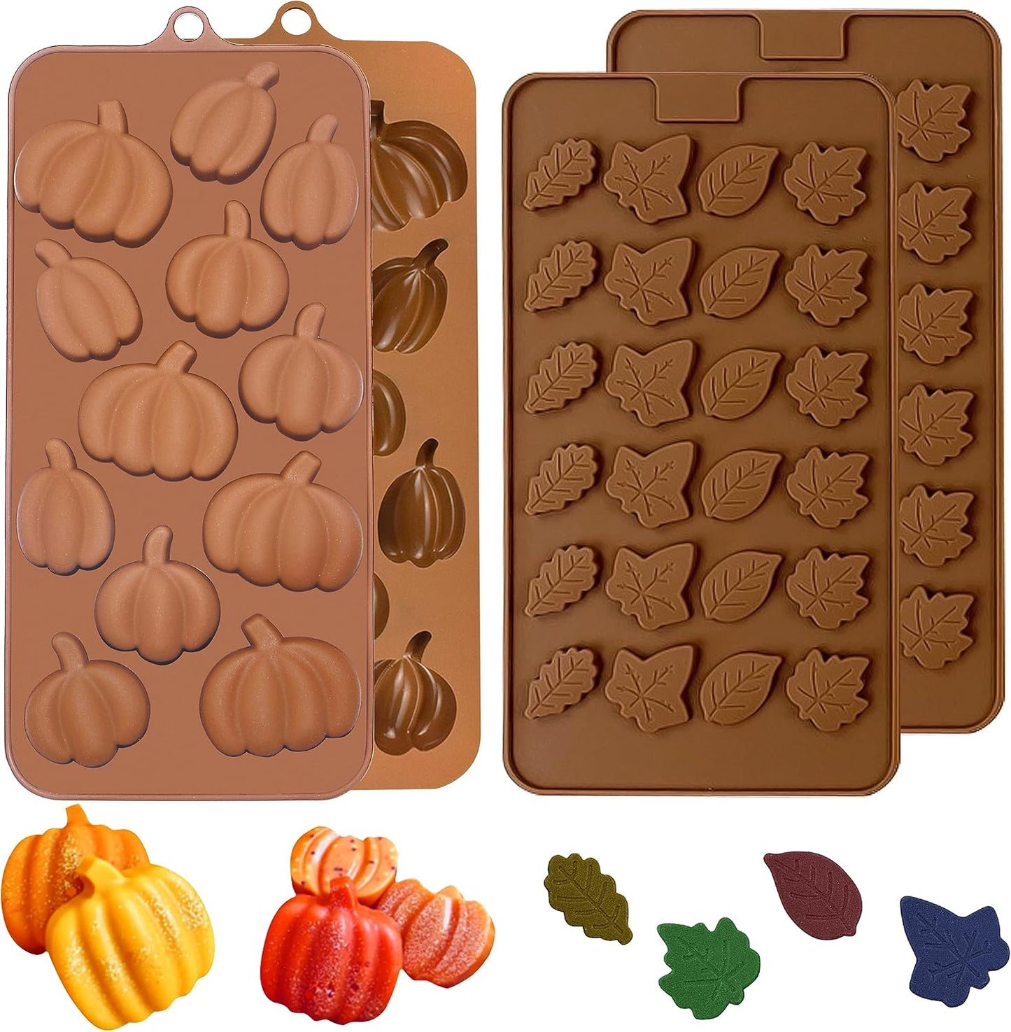Fall Chocolate Molds 4 Pieces Silicone Pumpkin Candy Mold Maple Leaf Shaped Fondant Molds for Thanksgiving Halloween Autumn Harvest Cupcake Cake Topper Decoration