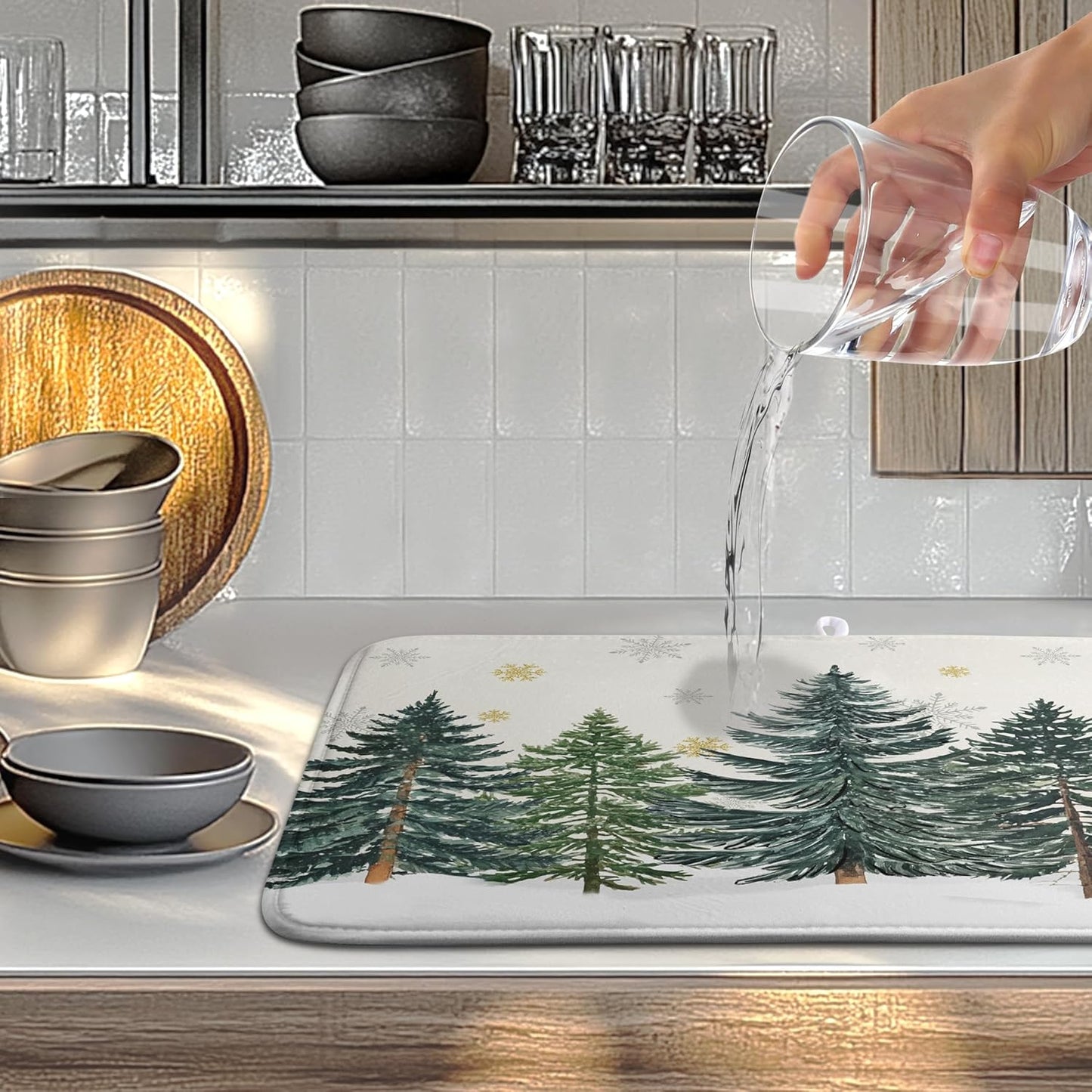Winter Forest Dish Drying Mat Winter Snowflake Large Kitchen Mats Dish Drying Pad Christmas Tree Absorbent Dish Dryer Mat for Kitchen Countertops Microfiber Drainer Pad Dish Drying Mats (18x24 in)