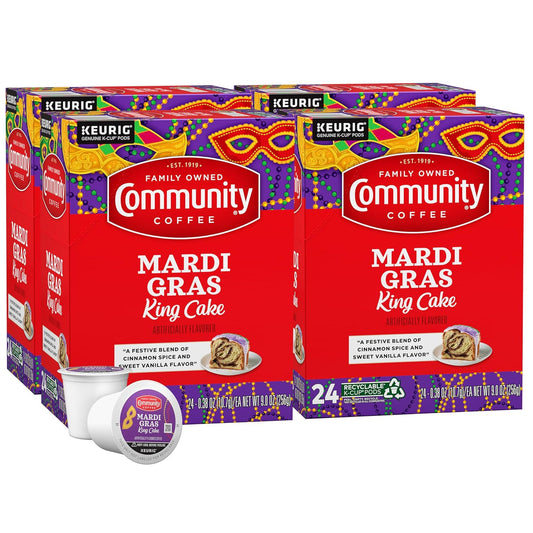 Community Coffee Mardi Gras King Cake Flavored 96 Count Coffee Pods, Medium Roast, Compatible with Keurig 2.0 K-Cup Brewers, 24 Count (Pack of 4)