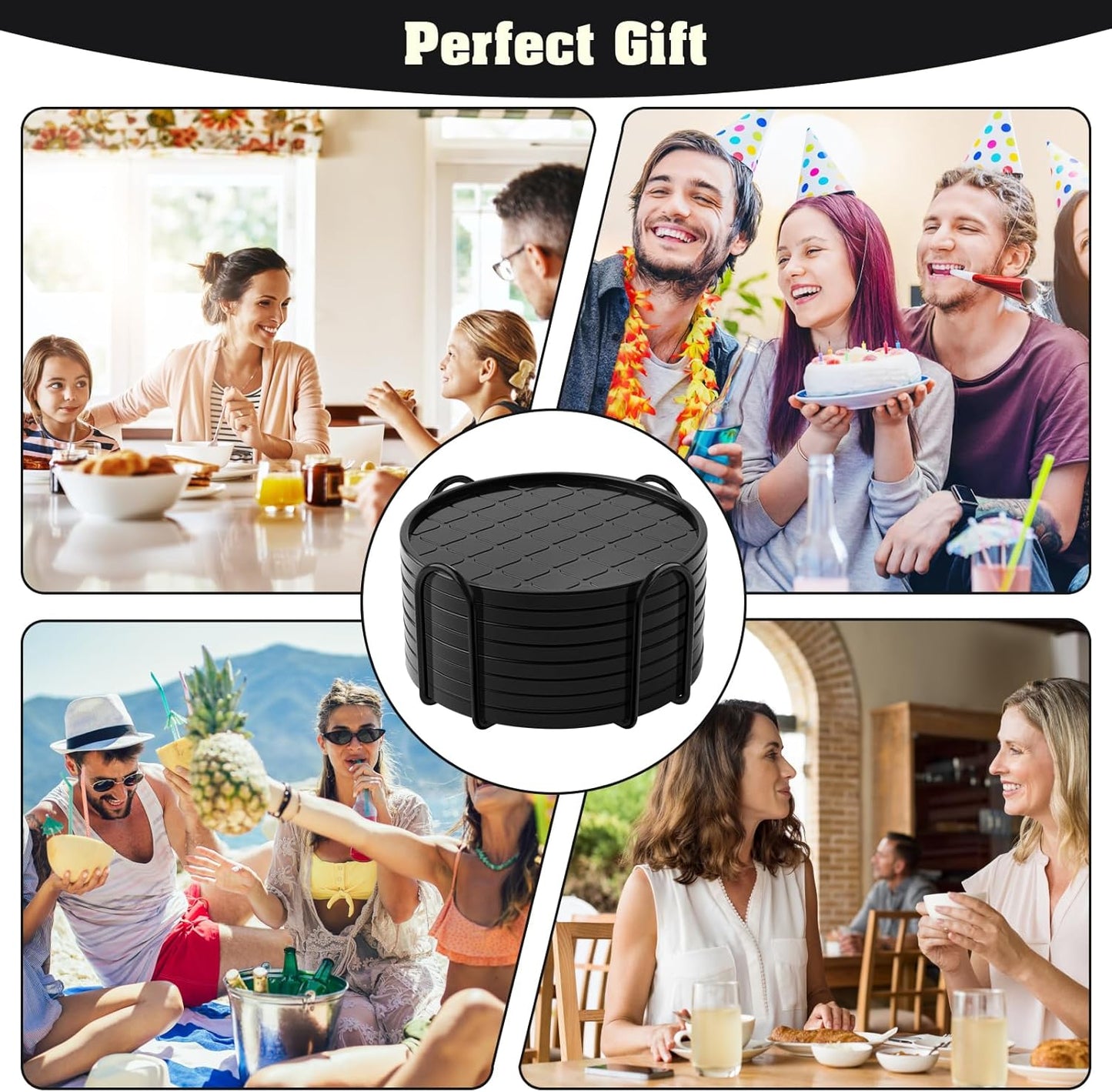 Coasters,Drink Coasters Set of 8 with Holder (Black, 12pcs)