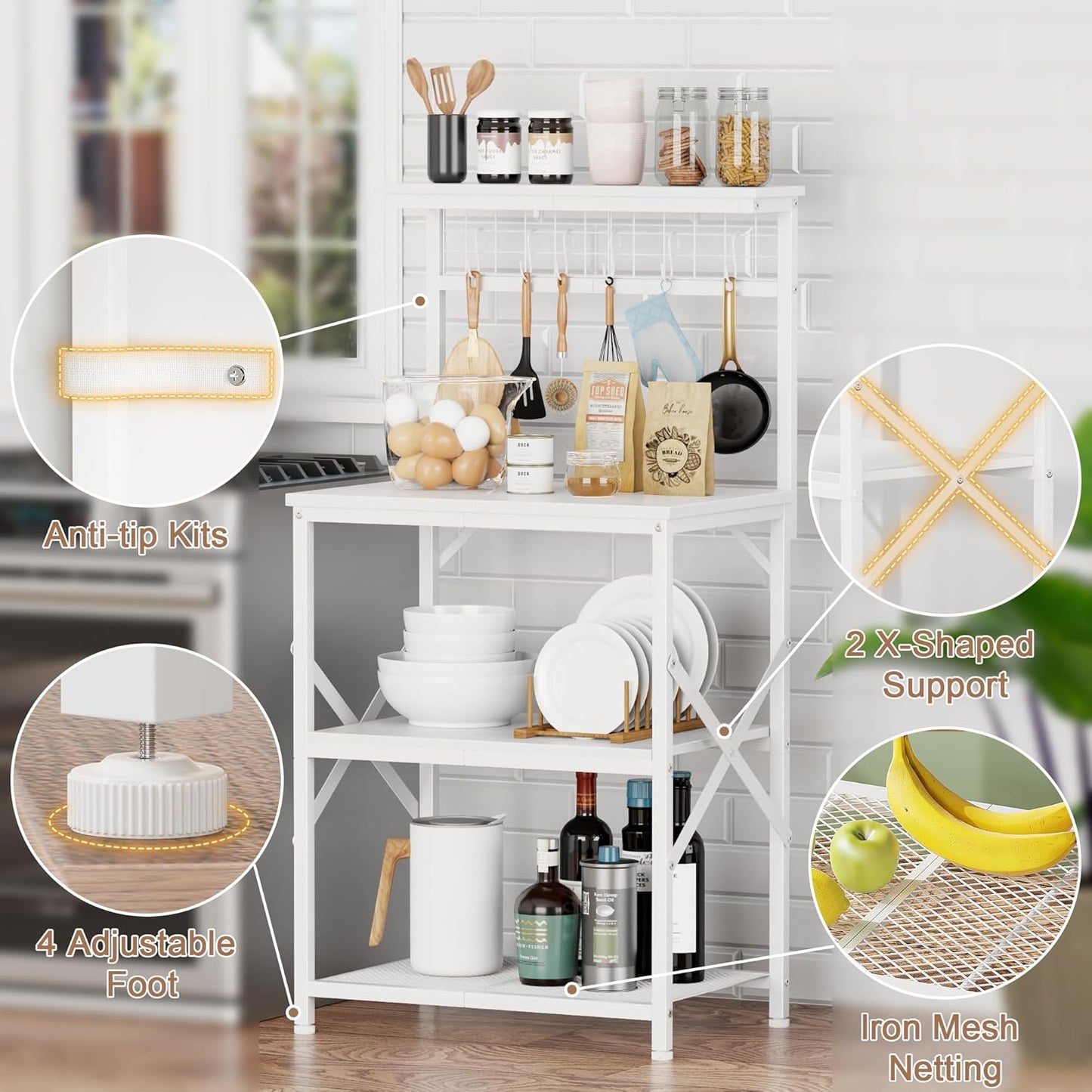 Furologee Kitchen Bakers Rack with Hutch, Coffee Bar Station 4 Tiers, Microwave Oven Stand with 6 S Hooks and Pegboard, Kitchen Microwave Rack for Spice Organizer Workstation, White