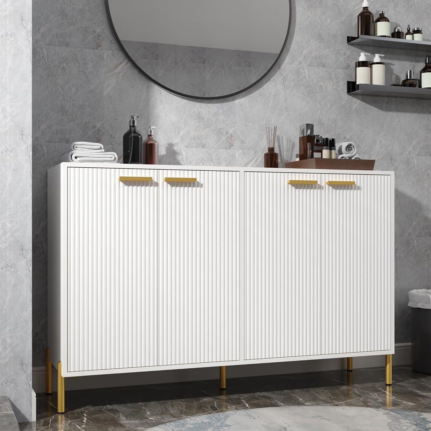 White Fluted Sideboard Cabinet - Luxury Buffet Table with 4 Doors, Large Coffee Bar Station for Living Room, Kitchen, Hallway, Entryway Storage