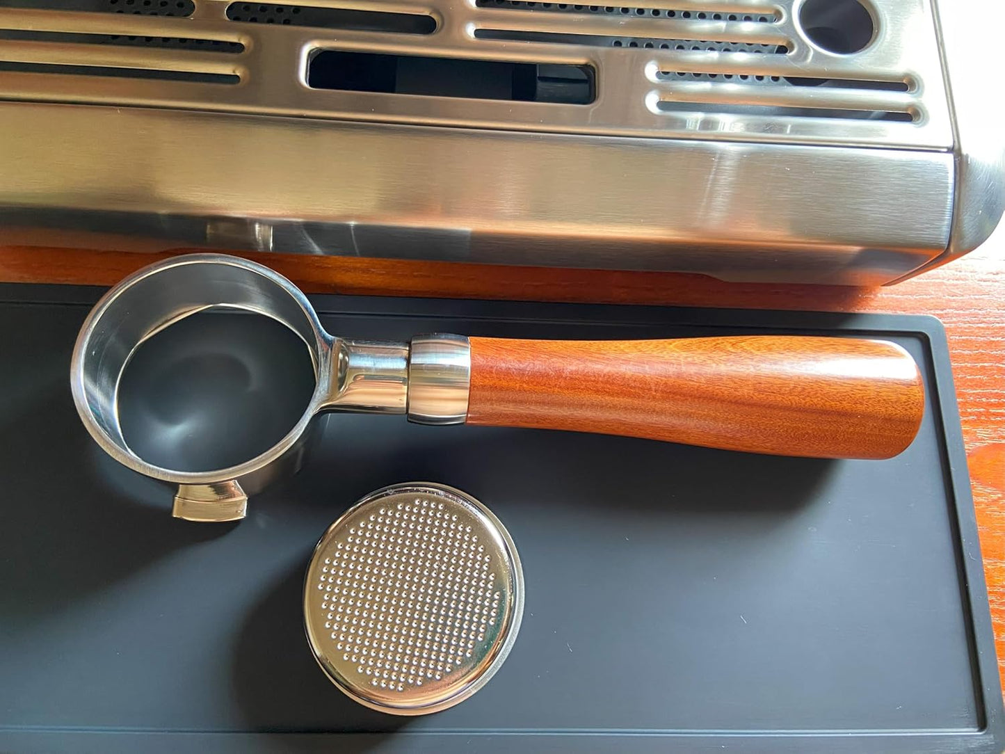 51mm Bottomless Portafilter Compatible with DeLonghi Espresso Machine ECP3420/ECP3630/ECP3120/EC260BK/EC265/EC155/EC702/BCO430 Stainless Steel Portafilter 2 Ear Filter Basket-Wooden