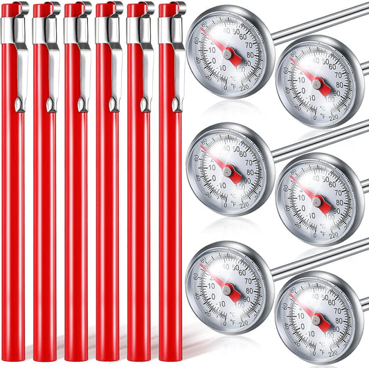 Xuhal 6 Pcs Stainless Steel Kitchen Thermometer with 5 Inch Long Stem 1 Inch Dial Thermometer Milk Frothing Food for Oven Probe Meat Grill BBQ Cooking Chocolate Water(Red)