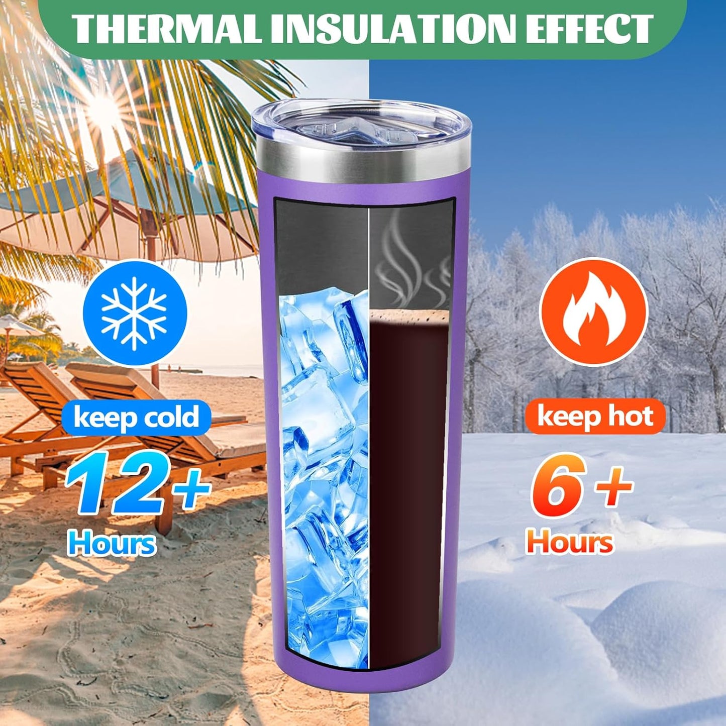 20 oz Skinny Tumbler with Lid and Straw,Stainless Steel Vacuum Insulated Tumbler Cup Double Wall Leak-proof Coffee Mug,Travel Thermal Water Tumbler for Home,Office,Outdoor (Purple,1)