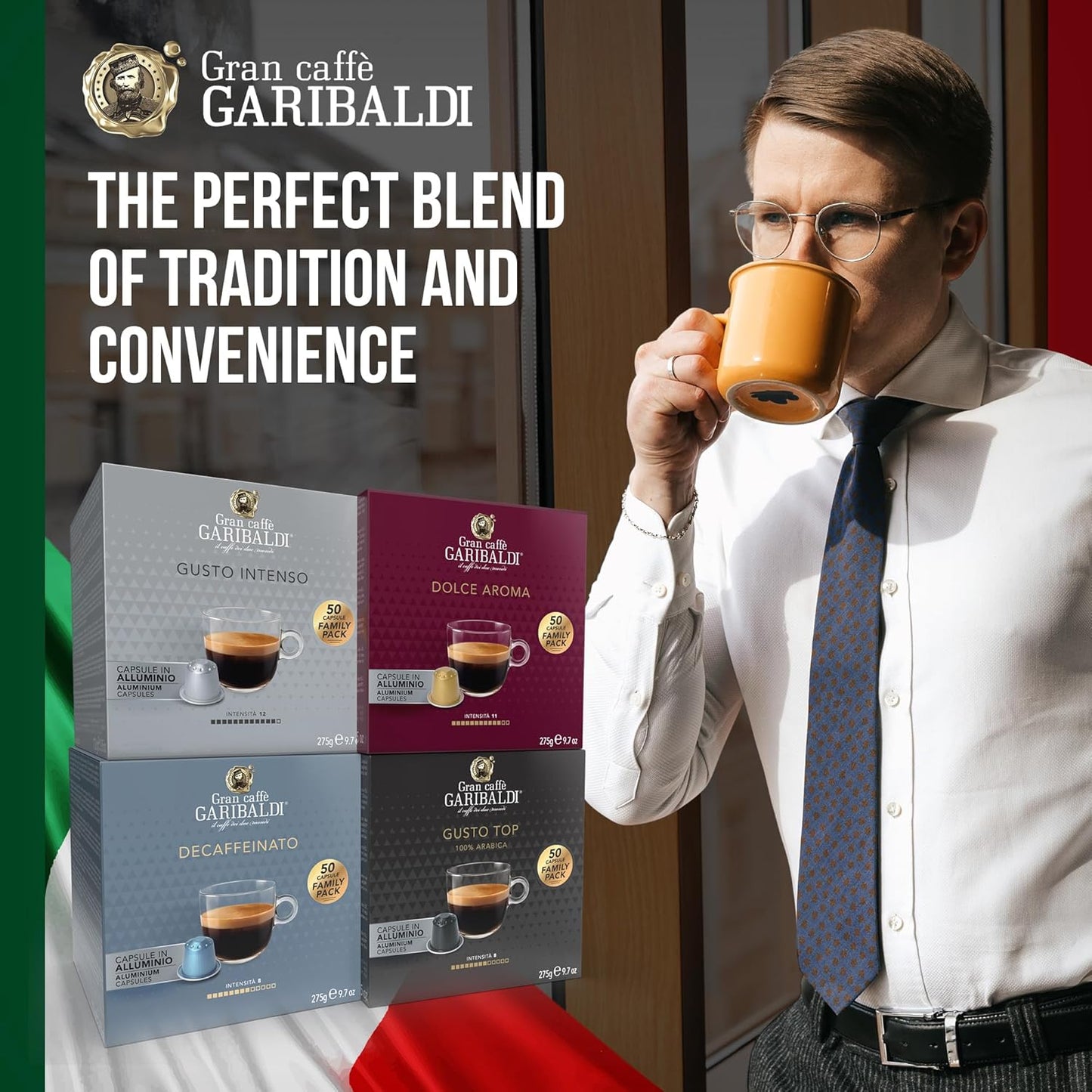 Gran Caffè Garibaldi Decaffeinated Espresso Pods, Italian Roast Coffee, Decaf Capsules Compatible with Nespresso Original Line Machines, Nitrogen Flushed, Intense & Rich Aroma - Decaffeinato (Aluminum) 50 Cups