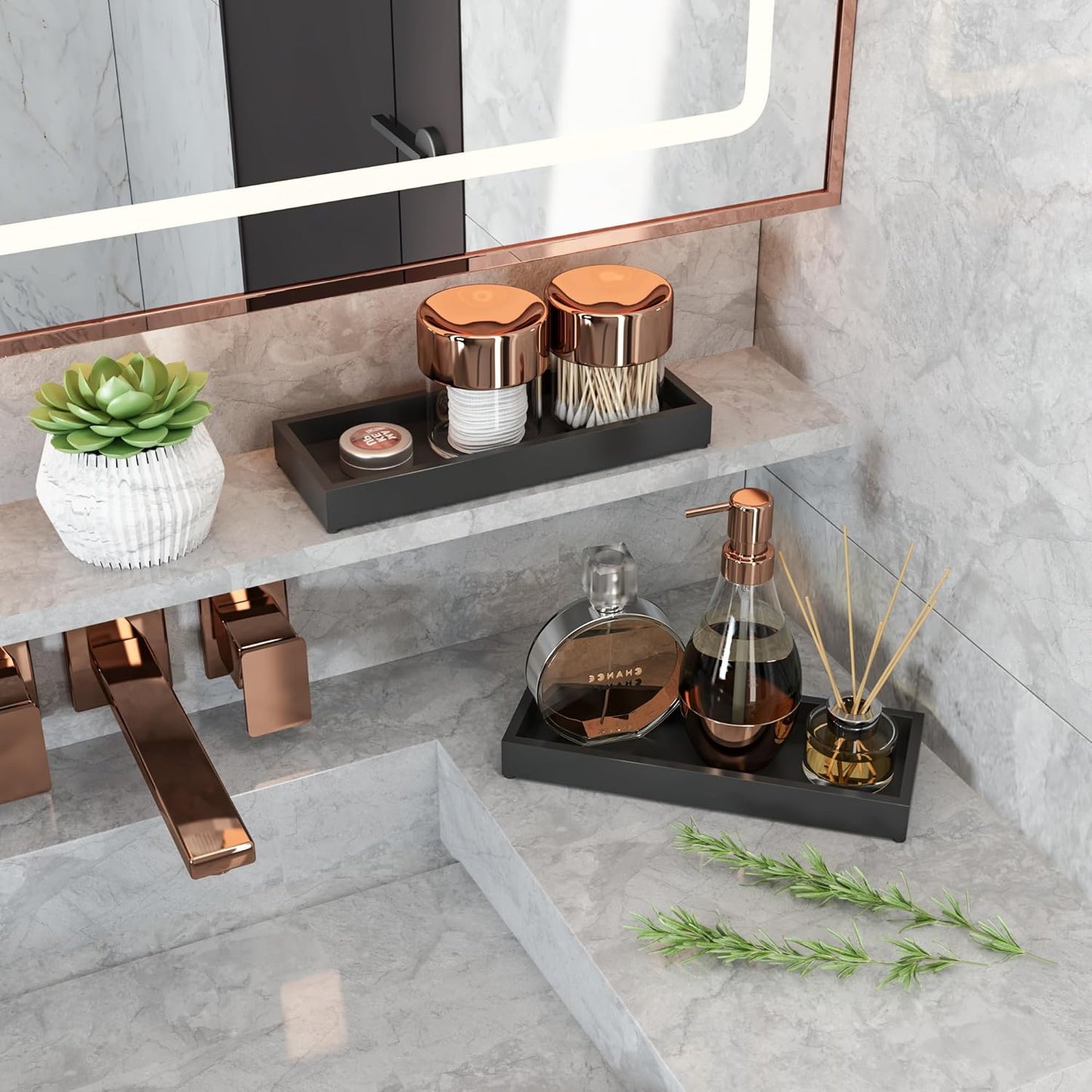 Bathroom Vanity Tray Black Decorative Tray for Counter, 11.2"x 4.3" Small Wood Sink Soap Tray Holder for Kitchen, Dresser Countertop Decor Rectangle Wooden Organizer, Black