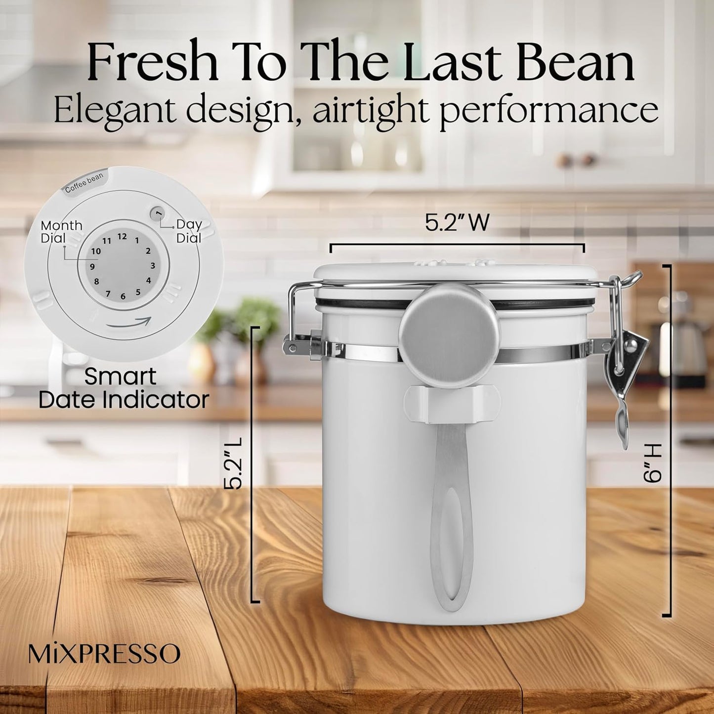 Mixpresso 16 Oz White Coffee Canister, Stainless Steel Airtight Coffee Container, Air tight Jar Tea Storage with Date Tracker, Vacuum Sealed Espresso Airtight Canister, Sugar Container for Home